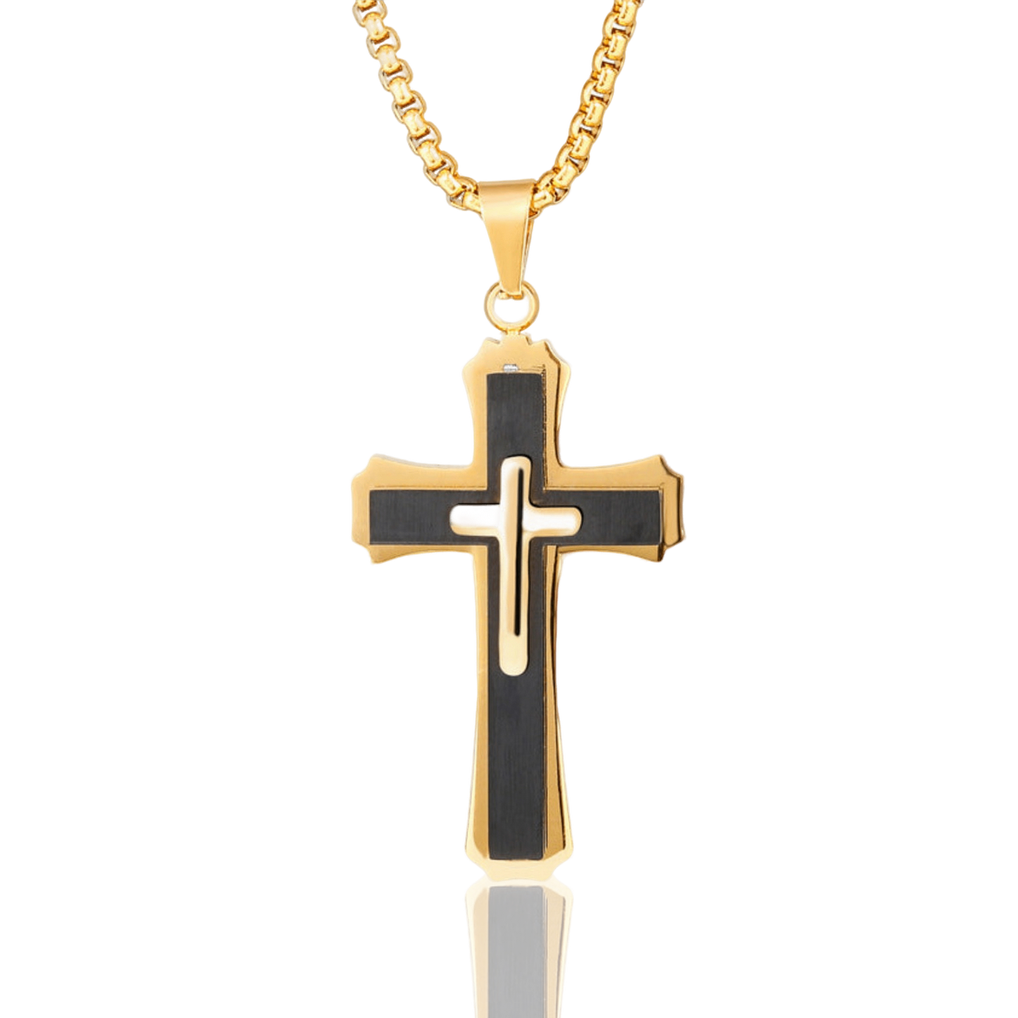 COLLAR CON DIJE DE CRUZ DORADA (ACERO INOXIDABLE 316L y BAÑADO EN ORO DE 18K)